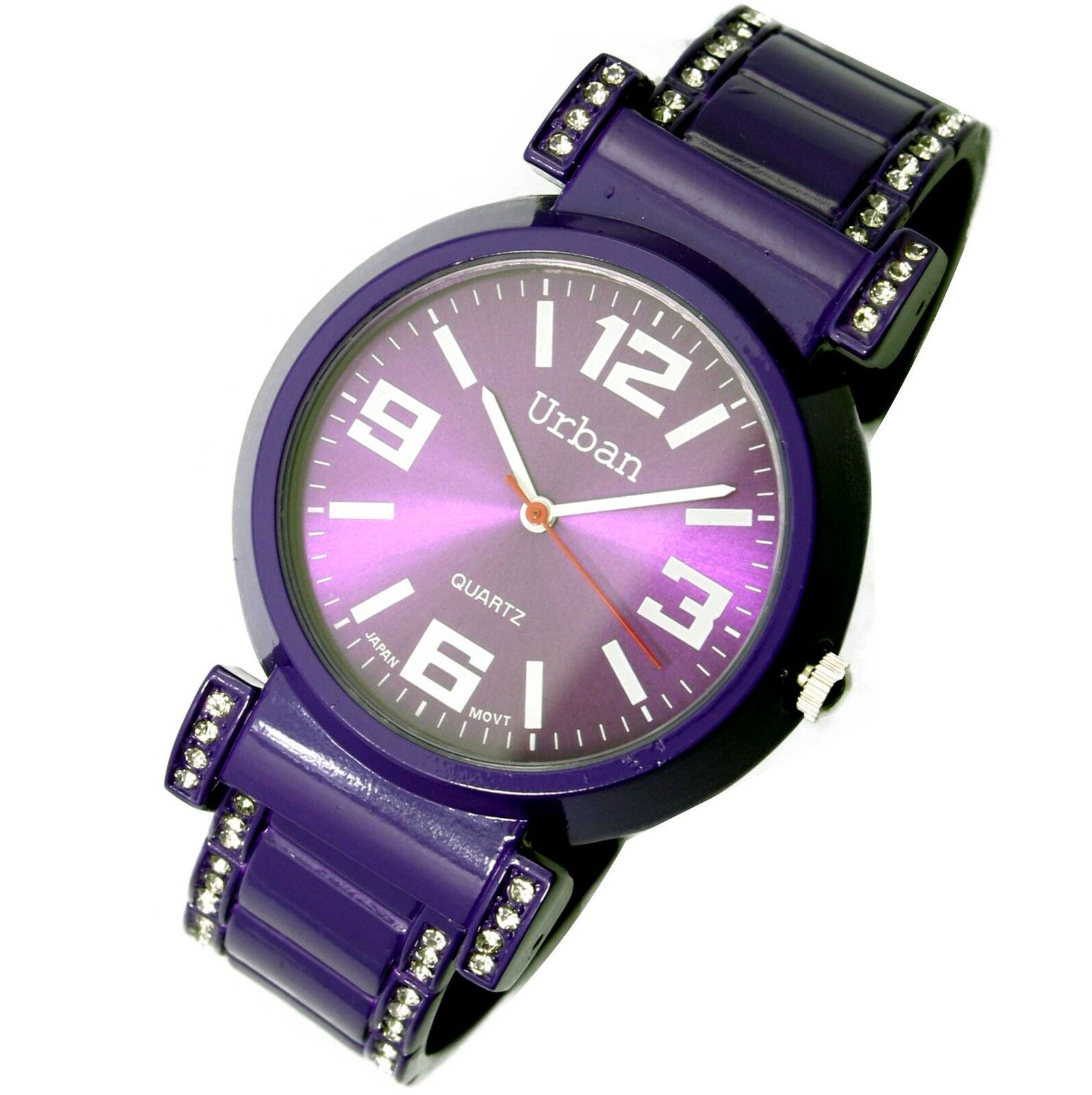 New Jas Bangle Boyfriend Cuff Watch  Purple Metal Band With Clear Crystals
